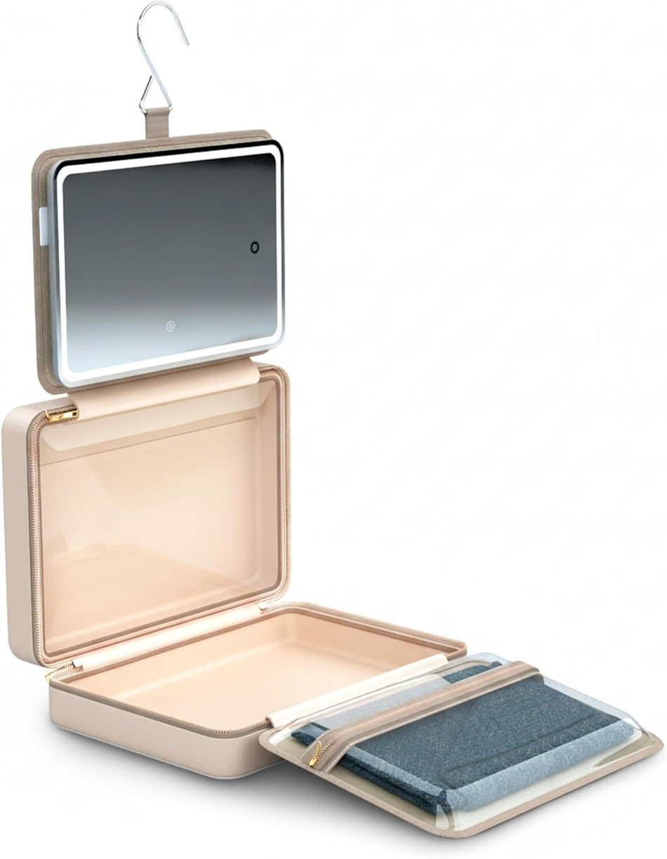 Porodo Travel Makeup Case with Detachable LED Mirror (Beige), Portable Cosmetics & Skin Care Organizer with Hanging Hook & Adjustable Brightness