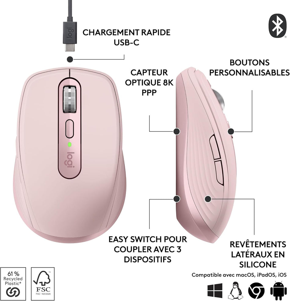 Logitech MX Anywhere 3S mouse RF Wireless + Bluetooth Laser 8000 DPI Rose - 910-006931
