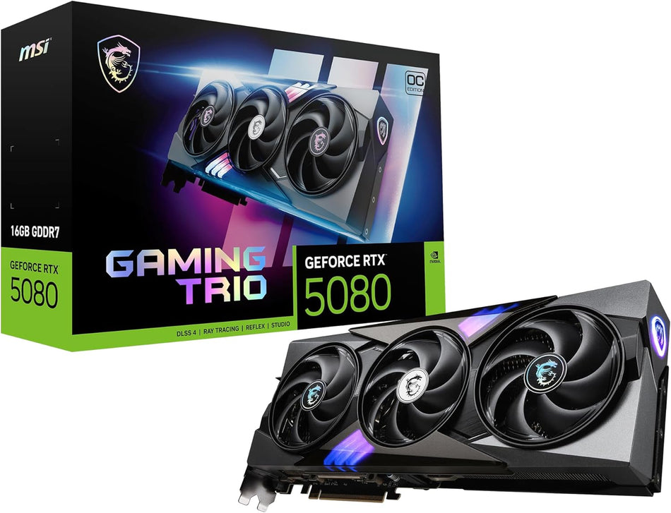 MSI Gaming RTX 5080 16G Gaming Trio OC Graphics Card (16GB GDDR7, 256-bit, Extreme Performance: 2715 MHz, DisplayPort x 3 2.1a, HDMI 2.1b, NVIDIA Blackwell Architecture) G5080-16GTC