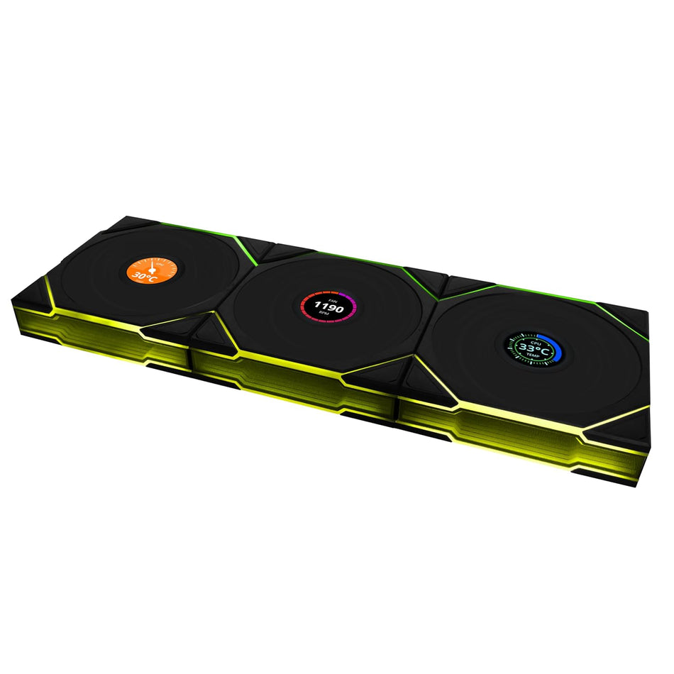 Lian Li UNI Fan TL LCD Wireless 120-Triple Pack-2.4 GHz Wireless Signal ARGB Fan-Infinity Mirror-Daisy-Chain Design-Customizable Lighting Effects-Controller Included & Required - Black