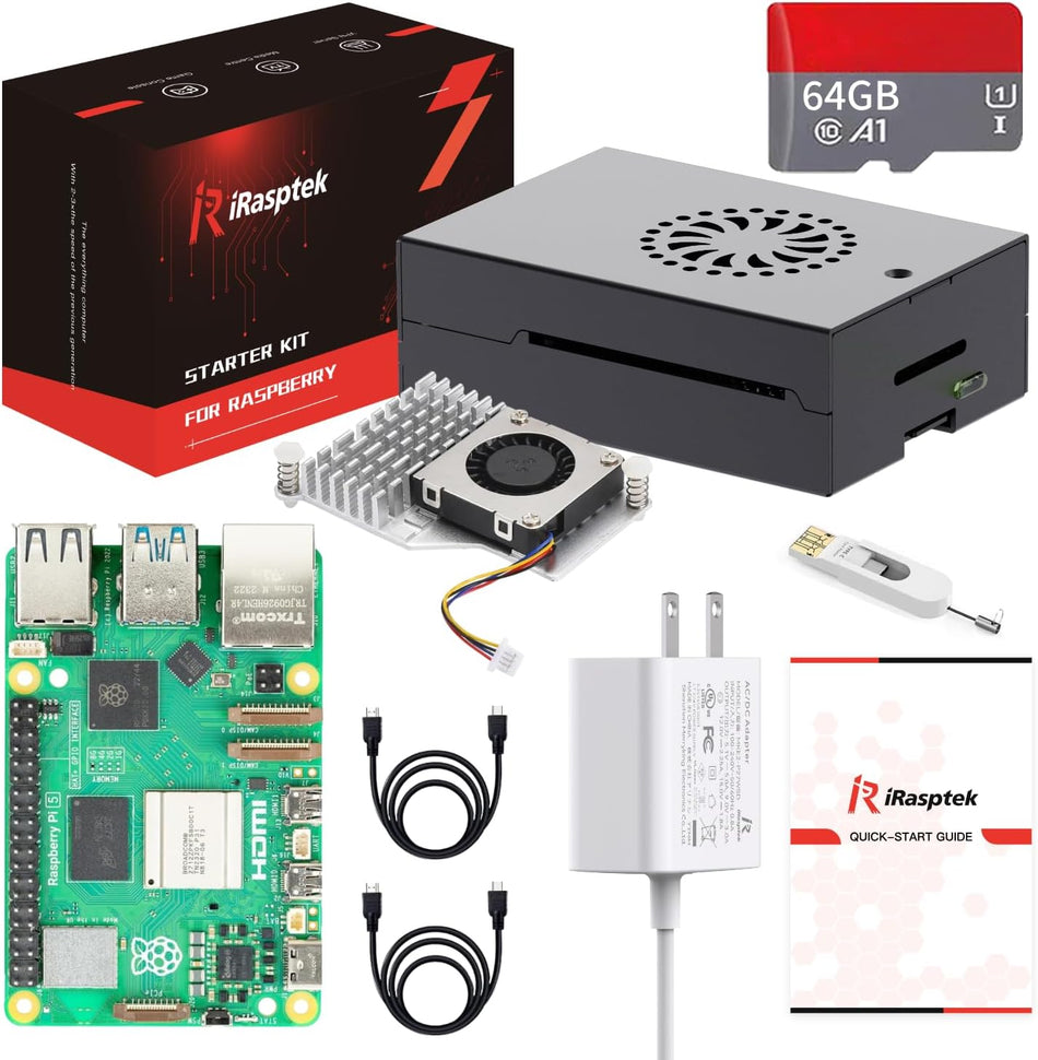 iRasptek Starter Kit for Raspberry Pi 5 RAM 8GB - 64GB Edition of OS-Bookworm Pre-Loaded(Aluminum Case) - PI5NA8G-64GBKit02