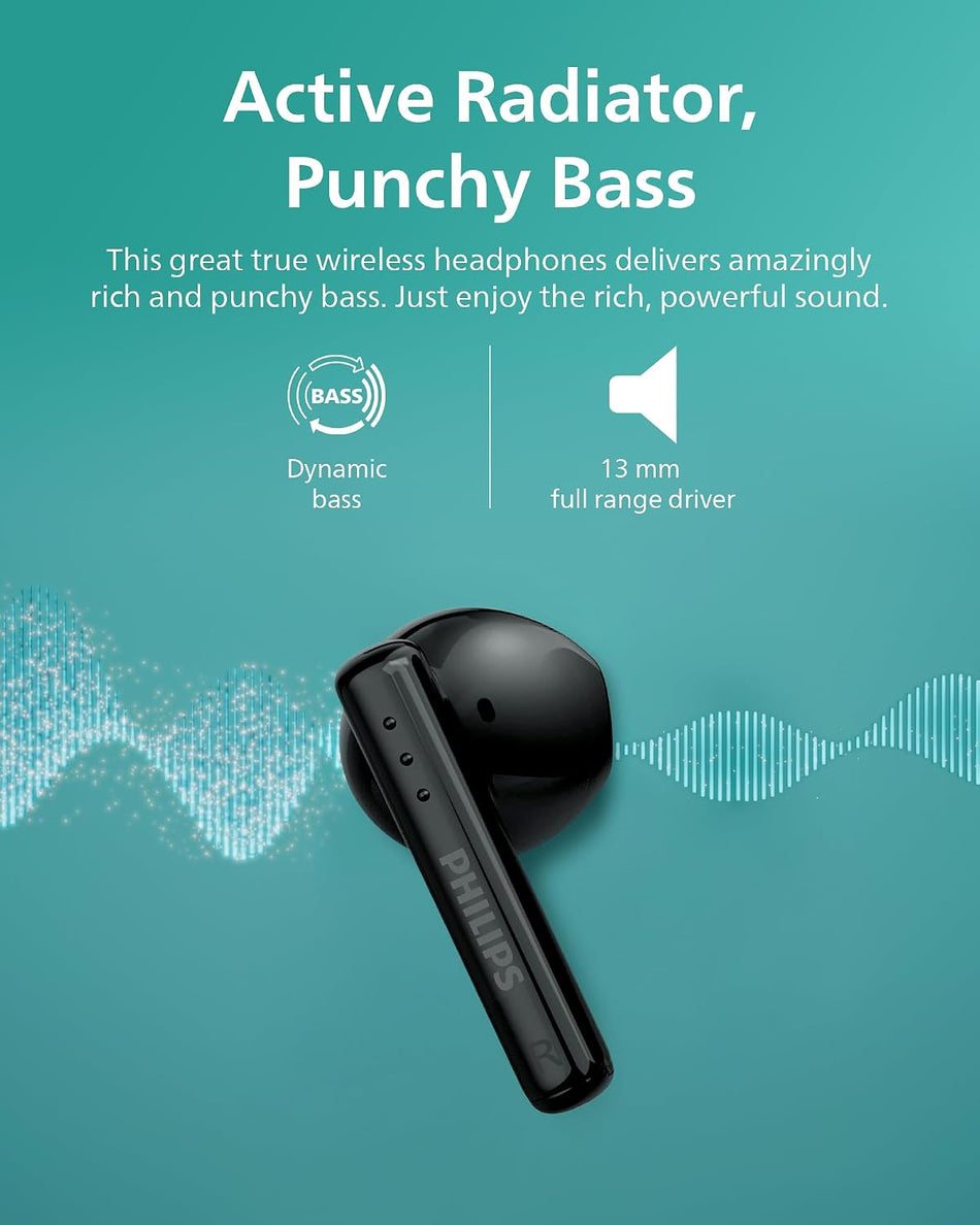 Philips TAT1139 True Wireless Earbuds - Powerful Bass with 13mm Driver, AI Mic for Clear Calls, 26 Hours Battery Life, Fast Charging & Ergonomic Design - Black (TAT1139BK/97) & White (TAT1139WT/97)