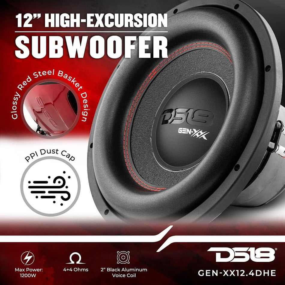 DS18 GEN-XX12.4DHE Generation-X High-Excursion 12-Inch Dual 4-Ohm Subwoofer, 1000 Watts Max, 500 Watts RMS, High-Performance Car and Truck Audio Bass Loudspeaker (Single, Black)