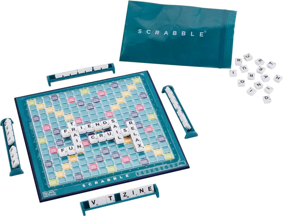 Mattel Games Scrabble Travel Game Portable & Compact 2-4 Players, Includes Game Board, 4 Stands, 100 Letter Tiles, Tile Bag, and Rules, Age 10+ CJT11
