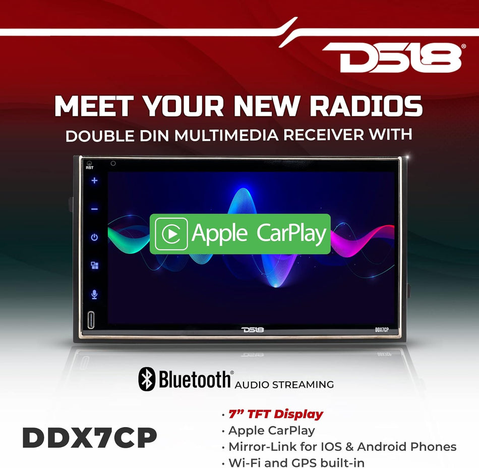 DS18 DDX7CP 7-Inch Double-DIN Touchscreen Digital Media Receiver, Apple CarPlay & Android Mirror Link, Built-In Bluetooth 5.0, Front Type-C & Rear USB Ports, 4.5V Pre-Amp RCA Outputs, AM/FM RDS Radio, Backup Camera Input, Wireless Remote Control Included