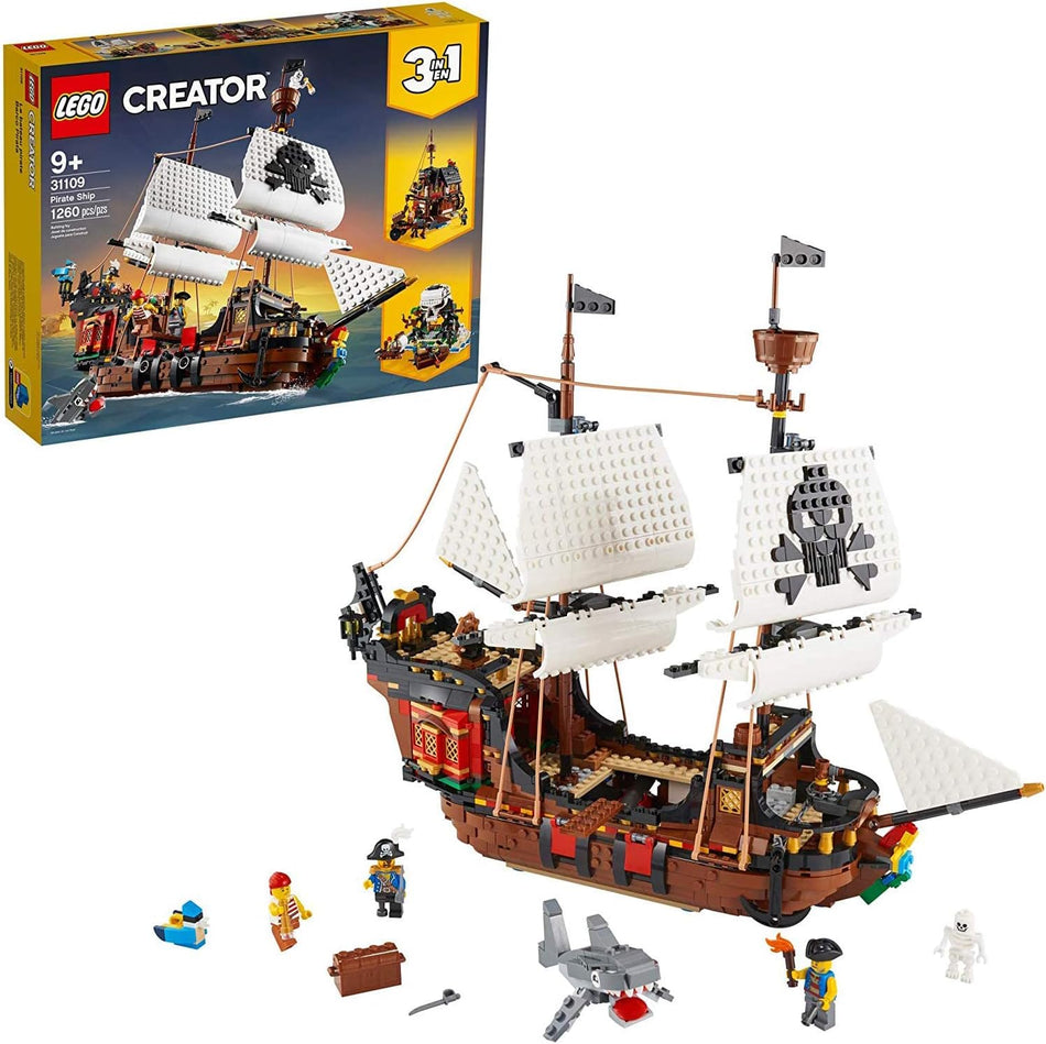 LEGO Creator 3in1 Pirate Ship Building Set - Toy Ship with Inn, Skull Island, Featuring 4 Minifigures, Shark Figure, Gift for Kids-31109