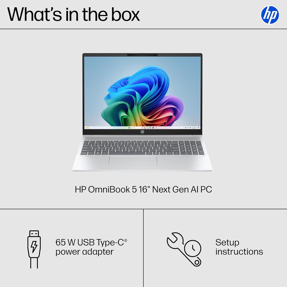 HP OmniBook 5 Laptop 16-bc1000nia, AMD Ryzen 7 8840U, 16" 2K (1920 x 1200) IPS, 16GB LPDDR5-6400 MT/s, 512GB Gen4 NVMe, Wifi 6, Bluetooth 5.3, HP True Vision FHD, Windows 11 Home