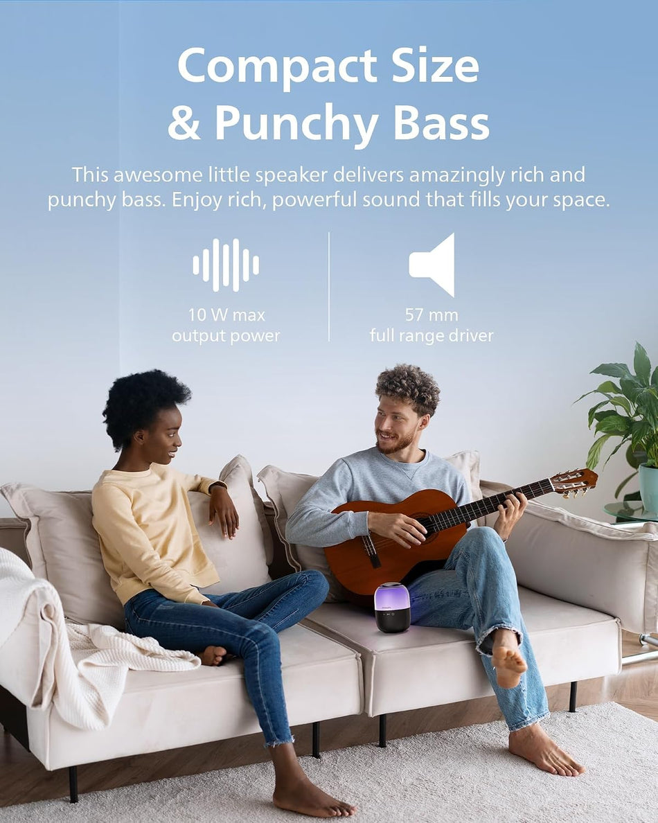 Philips TAS2108BK/00 Portable Bluetooth Speaker with Multi-Color LED Light Show, Punchy Sound, IPX4 Splashproof & 10H Battery - Black