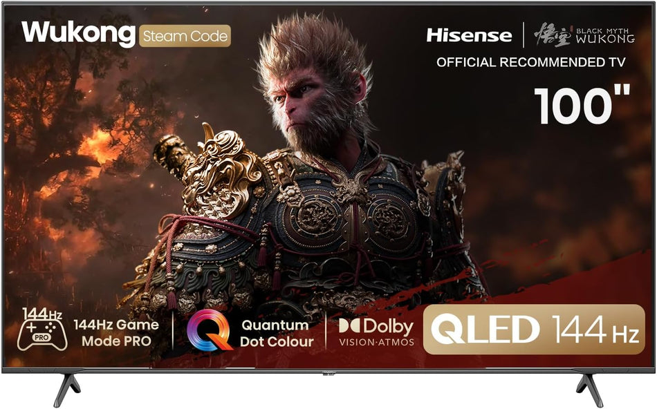 Hisense 100E7NQ 254 cm (100 Inch) TV, 4K UHD, QLED, HDR10, HDR10+ Decoding, HLG, Dolby Vision Atmos, 144Hz VRR, Smooth Motion, Bluetooth, Alexa Built-in, VIDAA Voice, Black (2025) [Energy Class F]