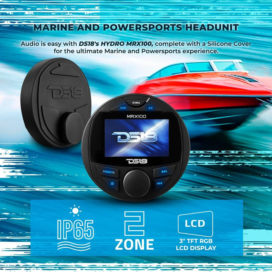 DS18 MRX100 Marine and Off-Road Gauge Receiver Head Unit, 2-Zone Control, 3-Inch TFT Color Screen, 4V Pre-Amp Output, Bluetooth Audio, IPX6 Waterproof Rated, RDS 4 x 50 Watts AM/FM Radio (No CD Player)