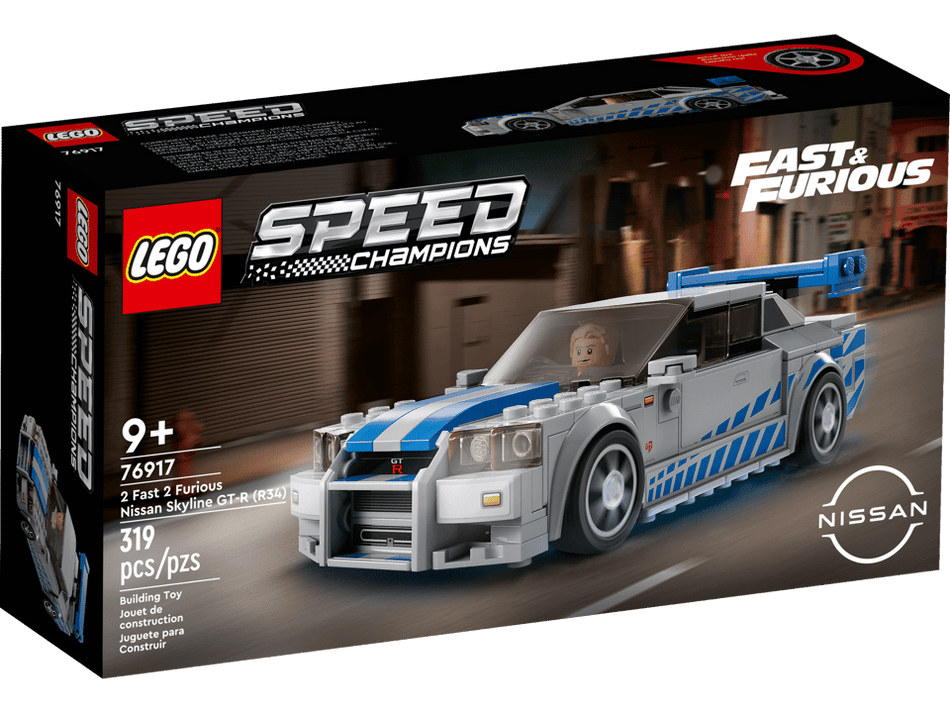 LEGO Speed Champions 2 Fast 2 Furious Nissan Skyline GT-R (R34) Replica Race Car Building Toy Set, Includes Brian O'Conner Minifigure with Toy Wrench, Collectible Movie Model Gift Idea for Boys, Girls, Kids and Adult Car Fans Ages 9+, 76917 (319 Pieces)