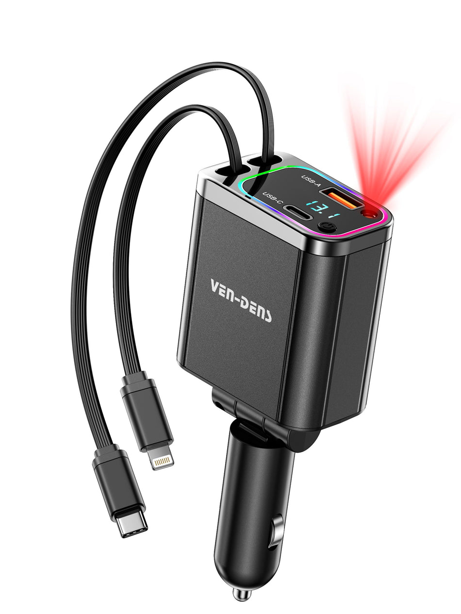 Ven-Dens VD-CC029 55W Fast Car Charger | Dual Retractable Cables (USB-C & Lightning) with USB-A & Type-C Ports