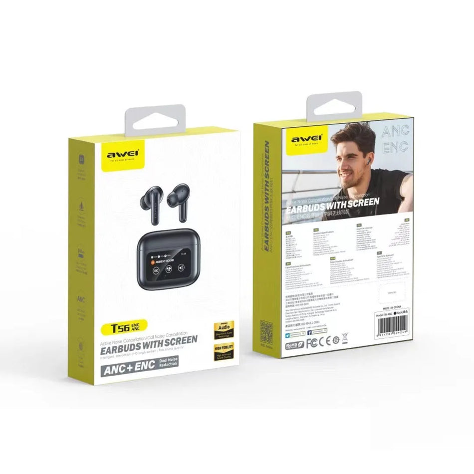 Awei T56 ANC Earbuds V5.4 Wireless Bluetooth Earphones With LED Color Screen