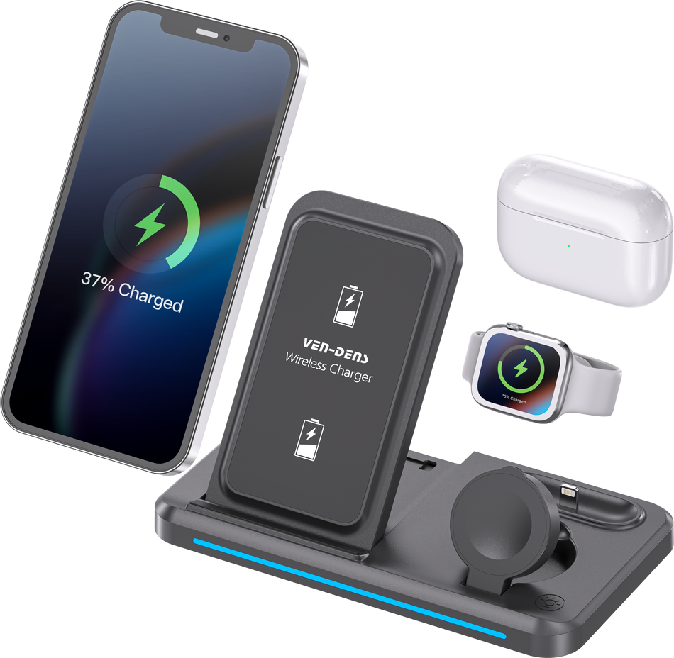 Ven-Dens VD-WLC016 15W 3-in-1 Fast Wireless Charger Stand | Multi-Device Desktop Charging Station for Smartphone, Smartwatch & Earbuds