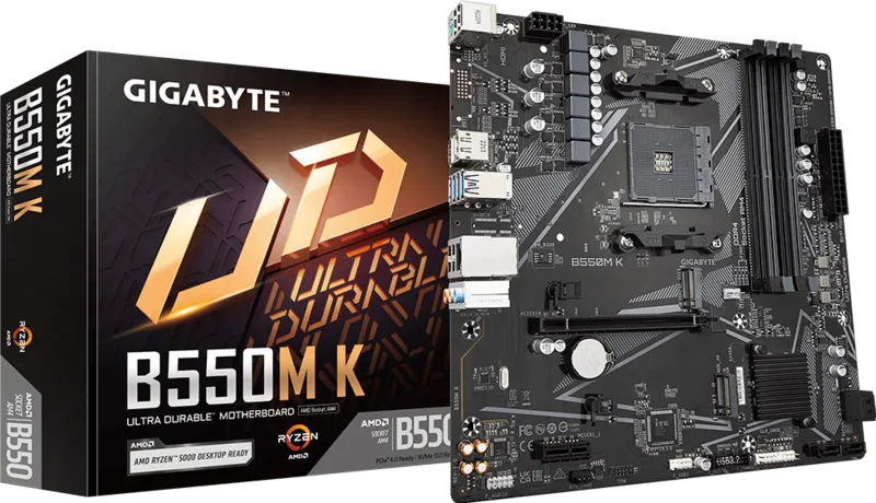 GIGABYTE B550M K AMD AM4 Micro-ATX Motherboard, Supports Ryzen 5000/4000/3000 Series Processors, DDR4, 3+3 Power Phase, 2X M.2, PCIe 4.0, USB 3.2 Gen 1, GbE LAN, Q-Flash