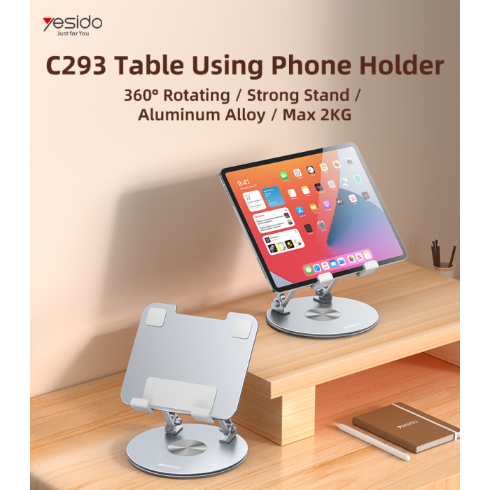 Yesido C293 360° Rotating Foldable Aluminum Tablet Stand (Dual-Axis Height Adjustable, Heavy Duty 3kg Load Capacity, Heat-Dissipating Open Frame, for 4.5" - 13" Devices, Silver)