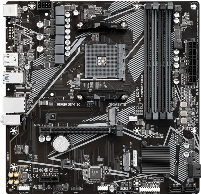GIGABYTE B550M K AMD AM4 Micro-ATX Motherboard, Supports Ryzen 5000/4000/3000 Series Processors, DDR4, 3+3 Power Phase, 2X M.2, PCIe 4.0, USB 3.2 Gen 1, GbE LAN, Q-Flash