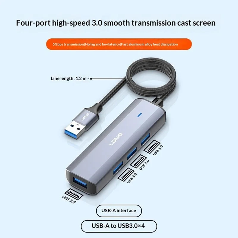 LDNIO DS-114U-1.2M | 4-Port USB-A Hub (120cm Long Cable) | 4x USB 3.0 5Gbps High-Speed Expansion Adapter