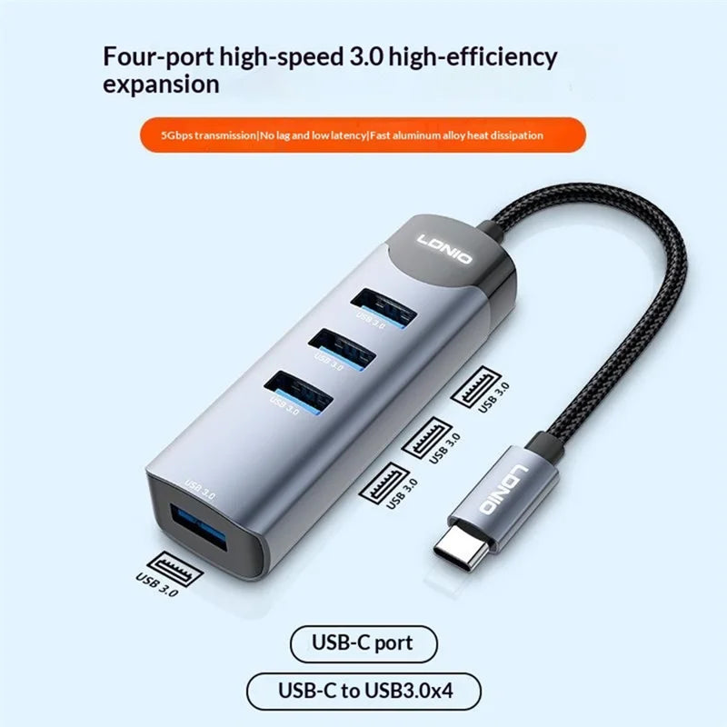 LDNIO DS-134C | 4-Port Type-C Hub (14cm) | 4x USB 3.0 5Gbps High-Speed Data Transmission & Phone Charging Adapter
