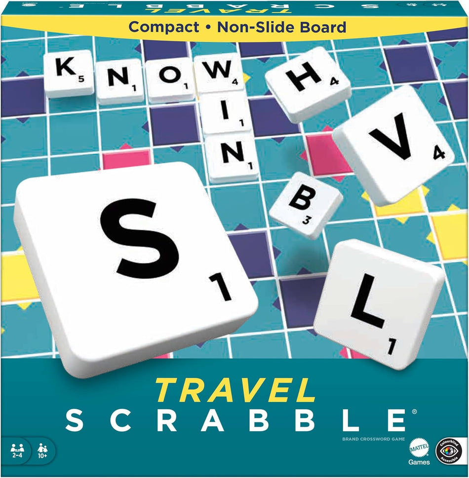 Mattel Games Scrabble Travel Game Portable & Compact 2-4 Players, Includes Game Board, 4 Stands, 100 Letter Tiles, Tile Bag, and Rules, Age 10+ CJT11