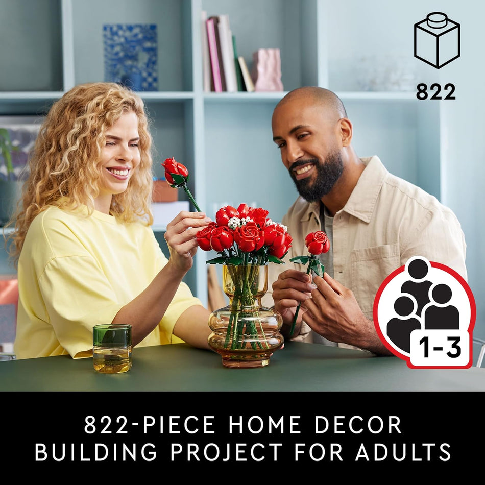 LEGO Botanicals Bouquet of Roses Artificial Flowers - Fake Red Roses Building Set for Adults, Ages 18+ - Gifts for Birthdays for Her - Home Decor for Table Display - 10328 (822 Pieces)
