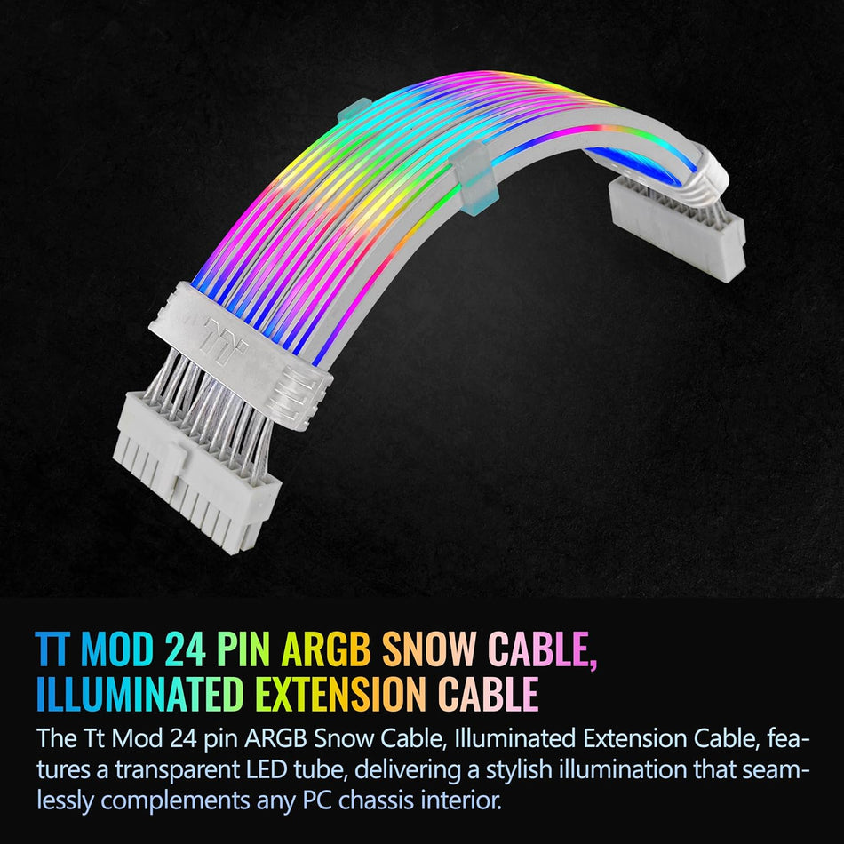 Thermaltake Tt Mod ARGB 24-Pin Cable, Illuminated Cable Extension, 285mm Length, 5V 3-Pin ARGB, 24-Pin Male and Female Connectors,18AWG, White