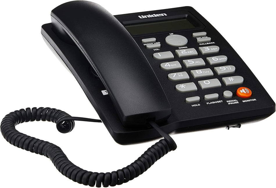 Uniden AS7413 Corded Landline Phone with Large Display, One-Way Speakerphone Monitor, FSK/DTMF Caller ID, Battery-Free Operation (Black)