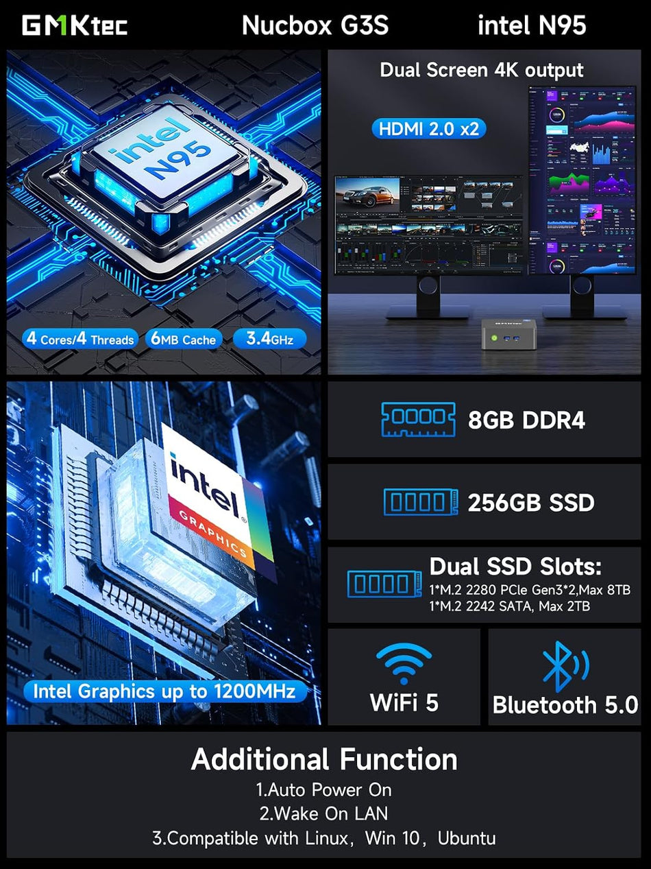 GMKtec G3S Mini PC Computers Intel N95 Processor (Turbo 3.4GHz) 8GB DDR4 256GB SSD Desktop Computer 4K Dual HDMI Display/3x USB3.2/WiFi 5 BT5.0/RJ45 Ethernet