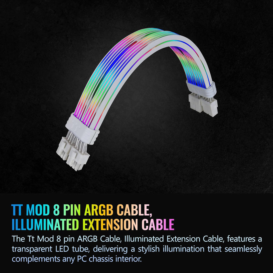 Thermaltake Tt Mod ARGB 8-Pin Cable, Illuminated Cable Extension, 345mm Length, 5V 3-Pin ARGB, 2x8-Pin Connectors, 16AWG, White