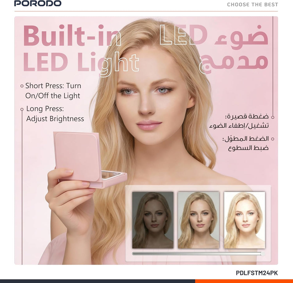 Porodo Lily LED Portable Tri-Fold Makeup Mirror, Compact Travel Vanity Mirror with 5X & 10X Magnification, Smart Touch Dimming, Protective PU Leather Case with Magnetic Closure, USB-C Rechargeable, Pink