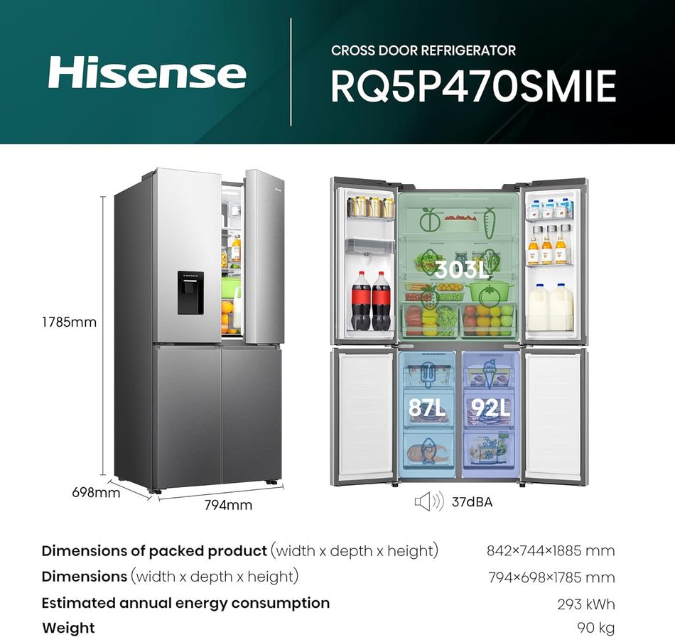 Hisense - RQ5P470SMIE - Wifi Connected American Fridge Freezer Cross Door with Water Dispenser, No Frost, 482 liters, Stainless Steel - E Rated, Noise level: 37 decibels, H178.5 x W79.4 x D69.8 (cm) [Energy Class E]