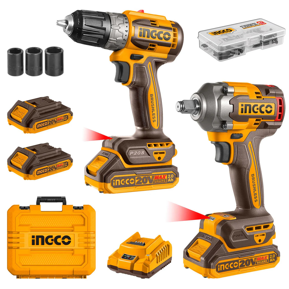 Ingco 20V Cordless Brushless 2-Piece Combo Kit (CKLI20271E) – High-Performance 52Nm Drill Driver & 400Nm Half-Inch Impact Wrench Pack with 2 Batteries, Charger & 47-Piece Accessories Case