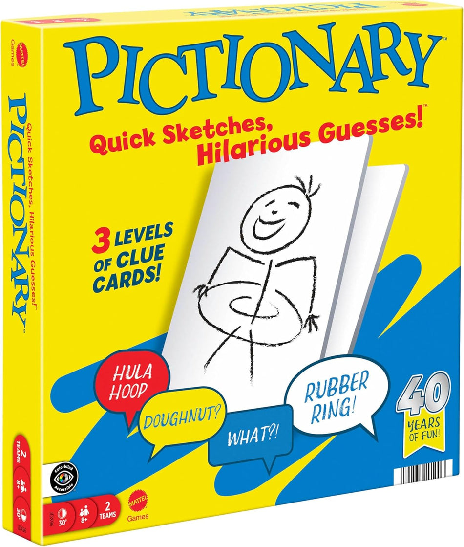 Mattel Pictionary Core Refresh Family Board Game for Kids, Adults and Game Night for 2 Teams with Erasable Markers, Boards and Sand Timer UK/AUS Edition (JDX96)