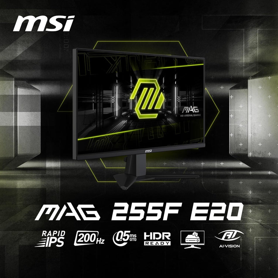 MSI MAG 255F E20 25-inch 1920 x 1080 (FHD) Gaming Monitor, 200Hz, AMD FreeSync Premium, HDMI, DisplayPort, VESA, Tilt, Height Adjustable, Speaker, 0.5ms, Black