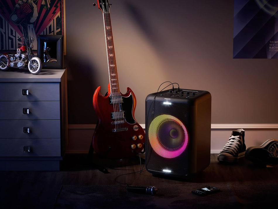 PHILIPS Bluetooth party speaker TAX3206/98, Black with Dynamic Lighting, Party Light Effects, Mic & Guitar Inputs & 14H Playtime