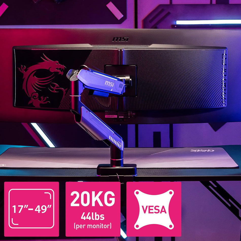 MSI MPG MT201RG Premium RGB Single Monitor Arm (Heavy Duty Gas Spring, Supports 17" - 49" Screens, Up to 20kg Capacity, VESA 75x75/100x100, 360° Rotatable Base, Clamp & Grommet Desk Mount, Matte Black / Dark Grey)
