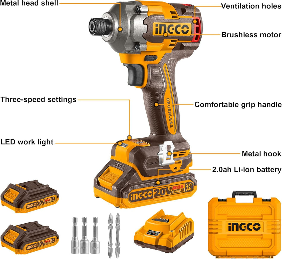 INGCO 20V Cordless Impact Driver 285NM, Brushless Motor, Variable Speed Control 1600/1900/2600RPM, 2900BPM with LED Work Light, 2Pcs 2.0Ah Battery and 1Pcs Charger, Packed by Carrying Case CIRLI2028
