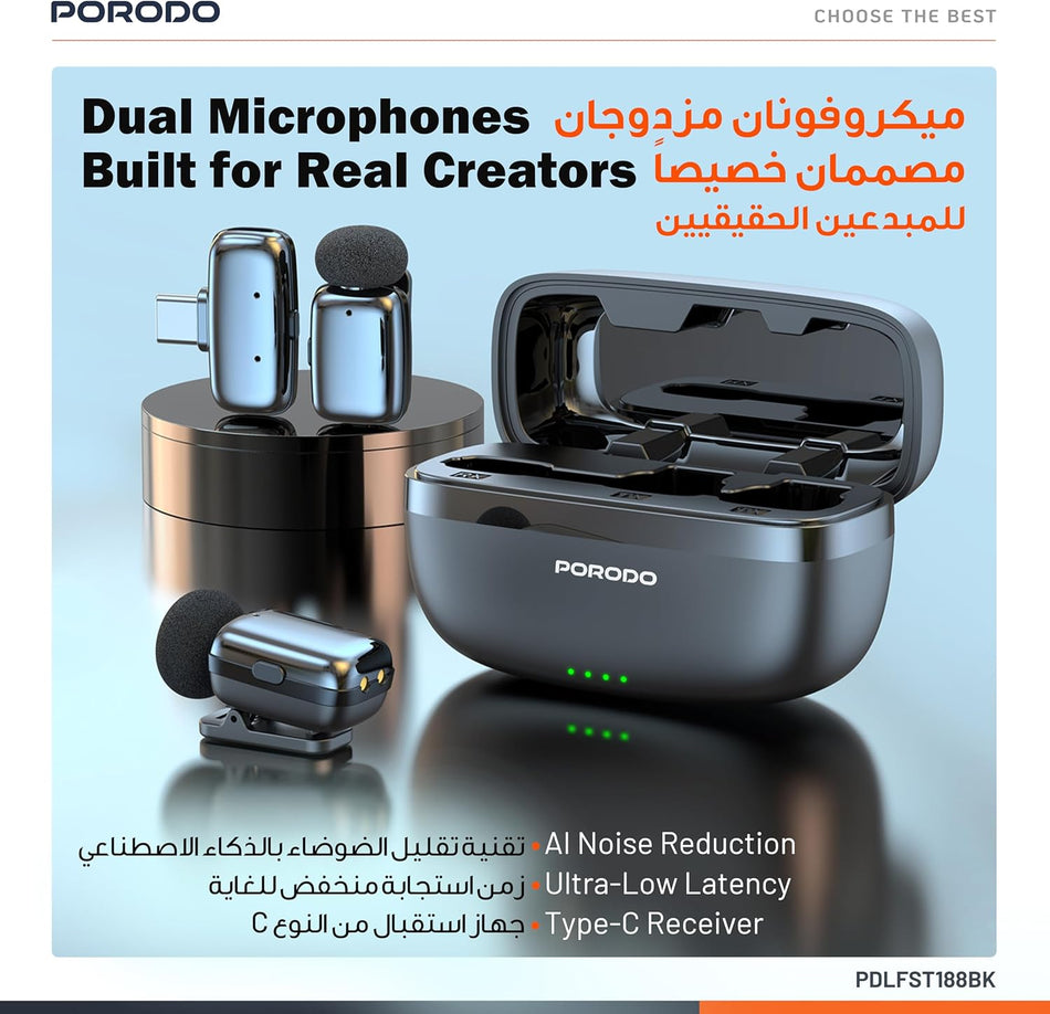 Porodo Wireless Lavalier Microphones Type-C - Black