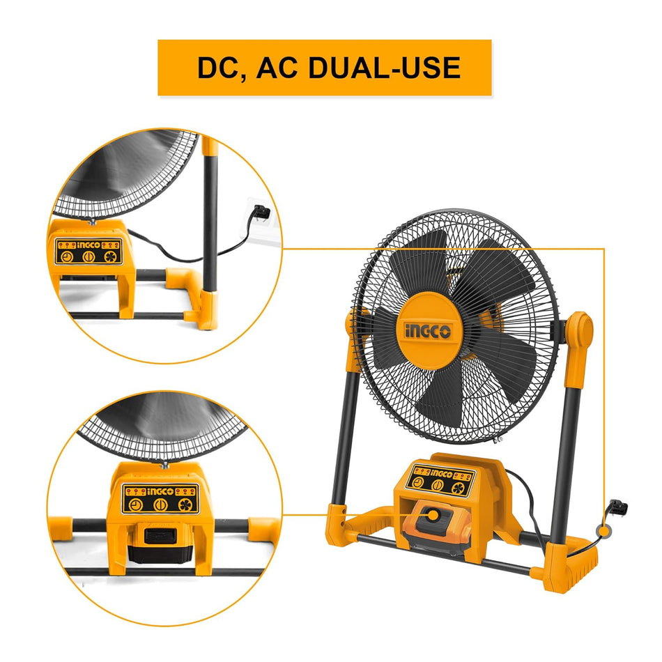 Ingco Cordless Portable Fan With Battery and Charger, Plug In/Wirelessly Use, 3 Speed Settings, Timing Settings and 360º Airflow Fan, for Home and Industrial use - CFALI2001