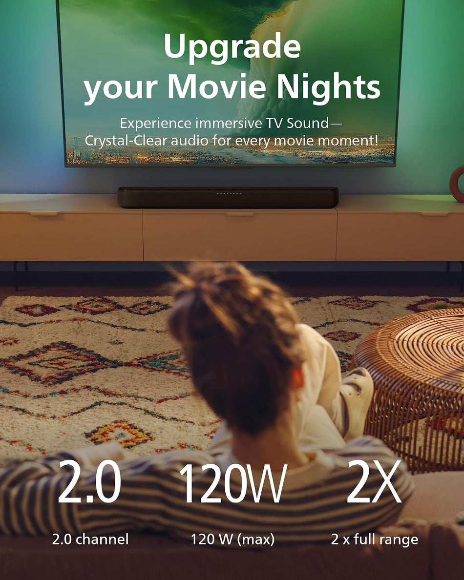 Philips TAB5109/10 2.0 Channel Bluetooth Soundbar - HDMI ARC, Dolby Digital Plus, DTS Virtual:X, Roku TV Ready, 120W Max Power - Dark Grey