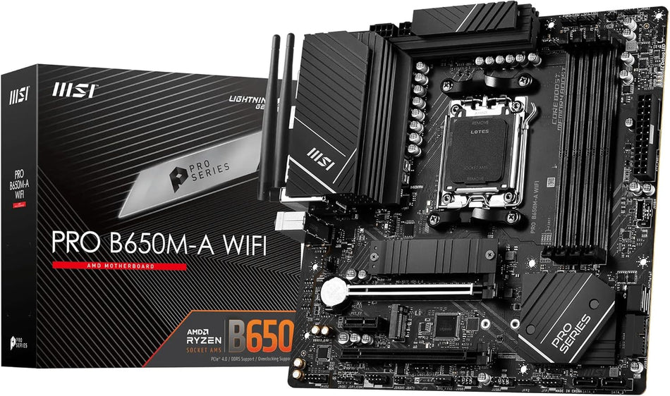 MSI PRO B650M-A WIFI AM5 Micro-ATX Motherboard, AMD B650 Chipset, 4 x 2-Channel DDR5 Slots, 128GB Max Memory, Wi-Fi 6E, 2x PCI-E x16, 2x M.2, 1x HDMI, 1x DP, USB 23.2/2.0