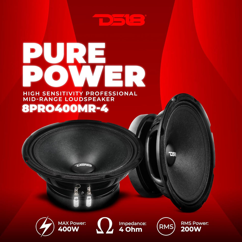 DS18 8PRO400MR-4 Pro Audio 8-Inch Premium Midrange Car and Truck Stereo Speaker, 400 Watts Max, 200 Watts RMS, 4-Ohm Professional Component Transducer (Single)