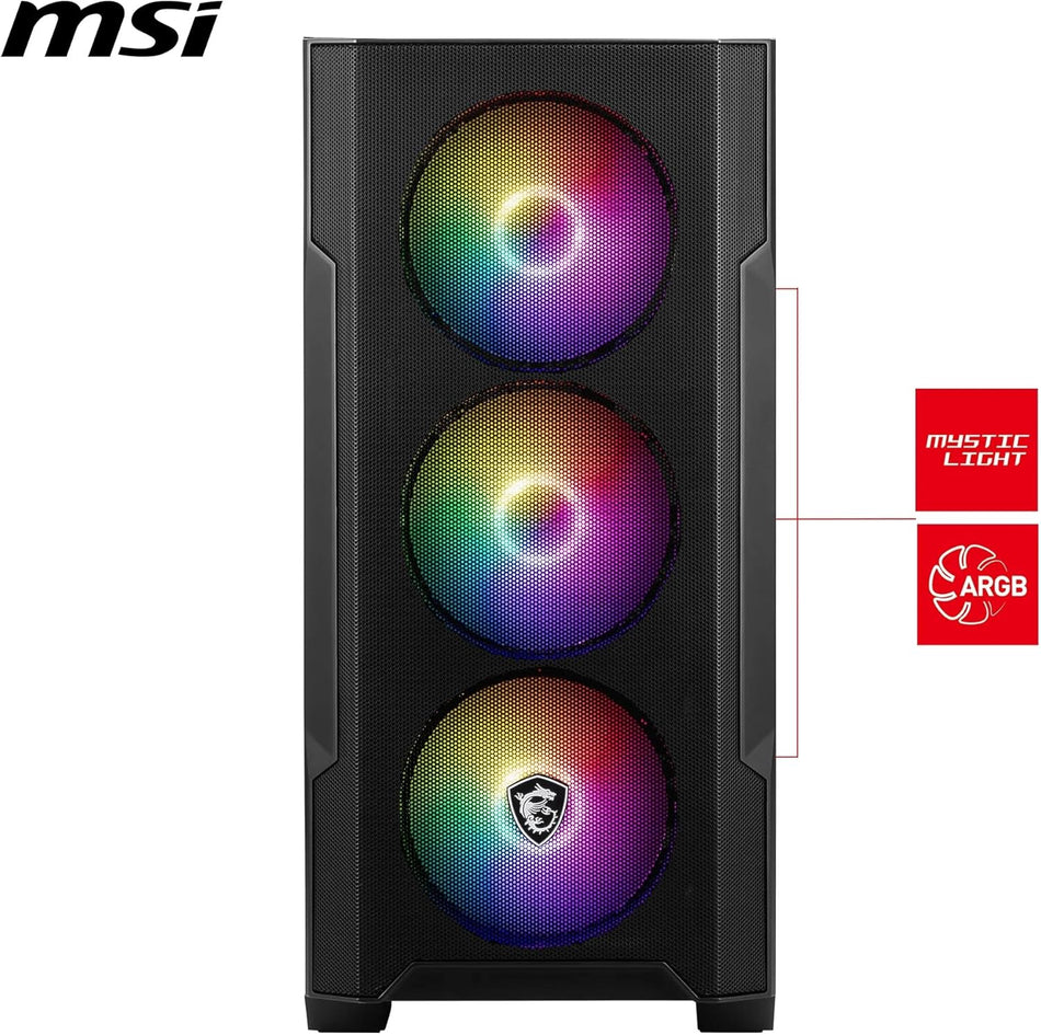 MSI MAG FORGE M100R Mid Tower Gaming Computer Case Black, 3x 120mm ARGB PWM Fans, 1x 120mm Fan, 1-6 ARGB Hub, Tempered Glass, mATX, mini-ITX
