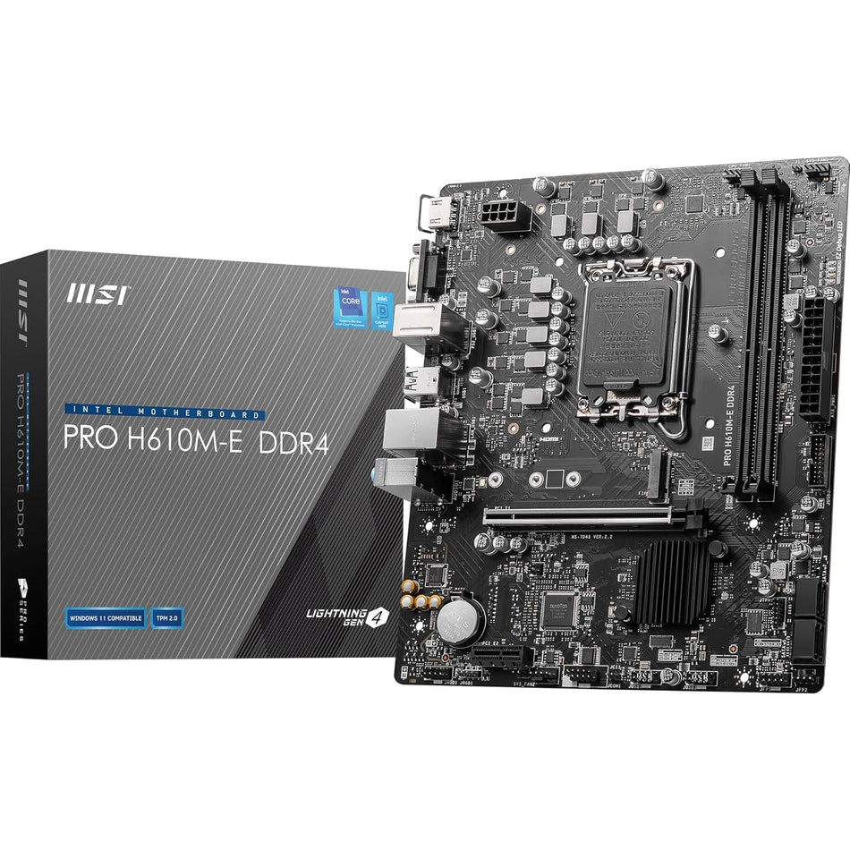 MSI PRO H610M-E DDR4 Motherboard, Micro-ATX - Supports 14th/13th/12th Gen Intel Core Processors, LGA 1700-2 x DIMMs (3200MHz), 1x PCIe 4.0 x16 slot, 1 x M.2 Gen3, USB 3.2 Gen1, 1G LAN, HDMI 1.4 & VGA