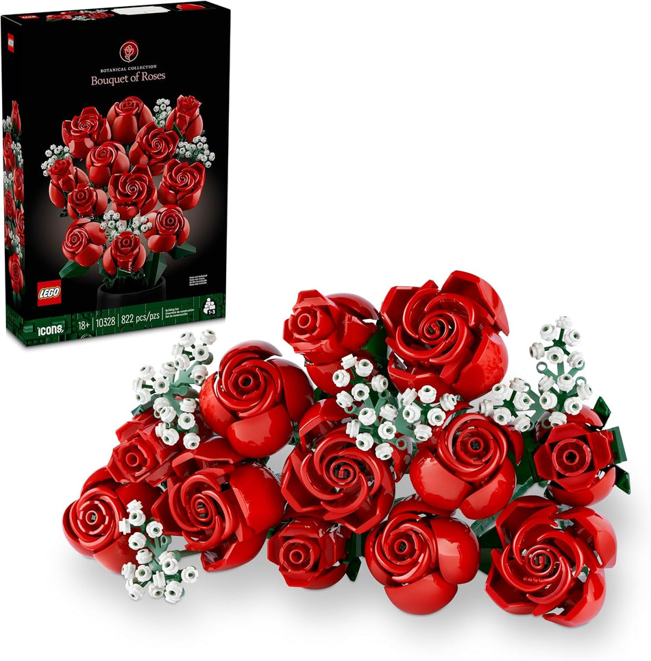 LEGO Botanicals Bouquet of Roses Artificial Flowers - Fake Red Roses Building Set for Adults, Ages 18+ - Gifts for Birthdays for Her - Home Decor for Table Display - 10328 (822 Pieces)