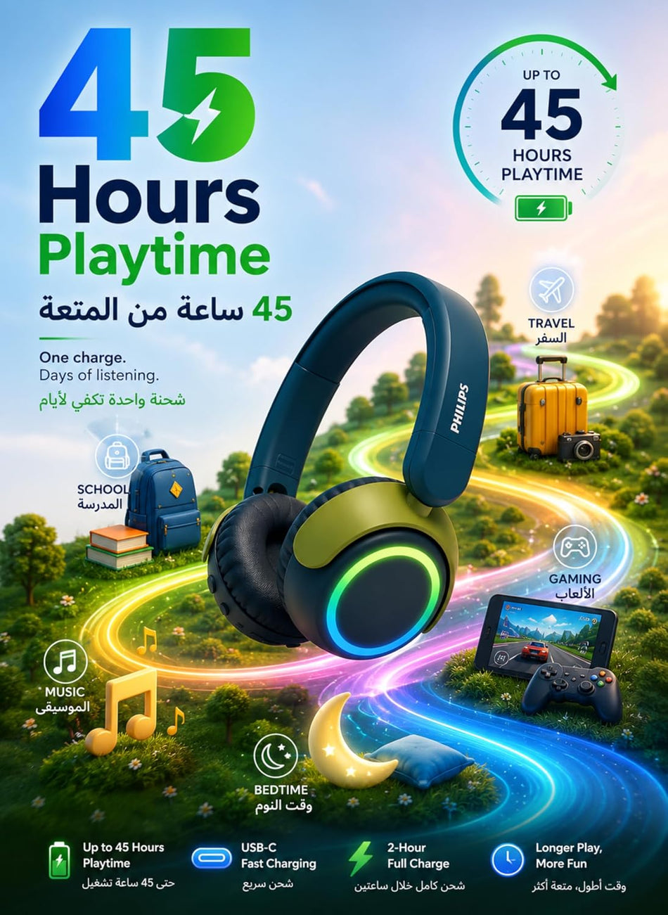 Philips TAK4200CT/00 Kids Wireless On-Ear Headphones - Volume Limited 85dB for Safe Listening, 45 Hours Battery Life, Audio Sharing Port, Colorful LED Lights & Foldable Design - Crystal Teal