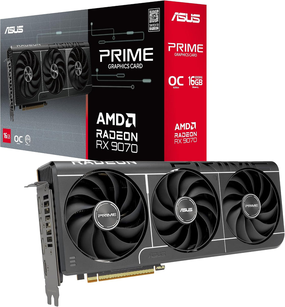 ASUS Prime Radeon RX 9070 EVO 16GB GDDR6 OC Edition Gaming Graphics Card PCIe 5.0, HDMI/DP 2.1, 2.5-slot, Axial-tech Fans, Dual-ball Fan Bearings, Dual BIOS, ASUS GPU Guard