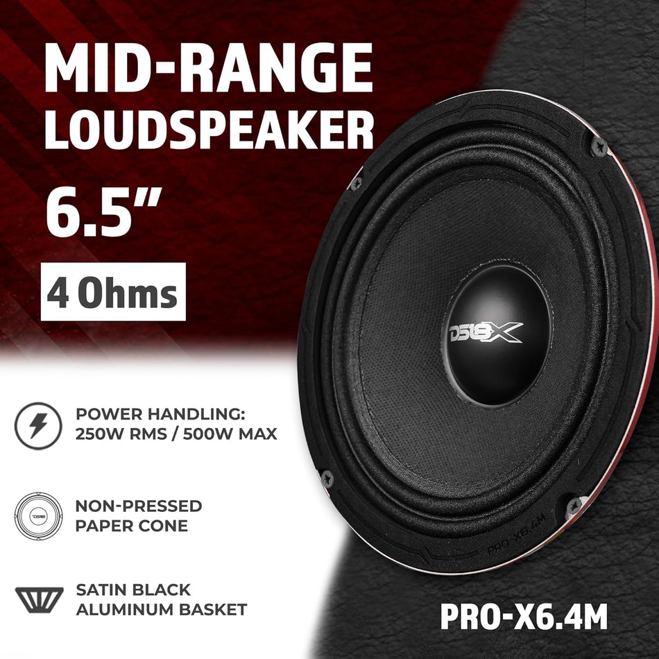 DS18 PRO-X6.4M Loudspeaker 6.5-Inch Premium Midrange Car and Truck Stereo Speaker, 500 Watts Max, 250 Watts RMS, 4-Ohm Pro Audio Component Transducer (Single)