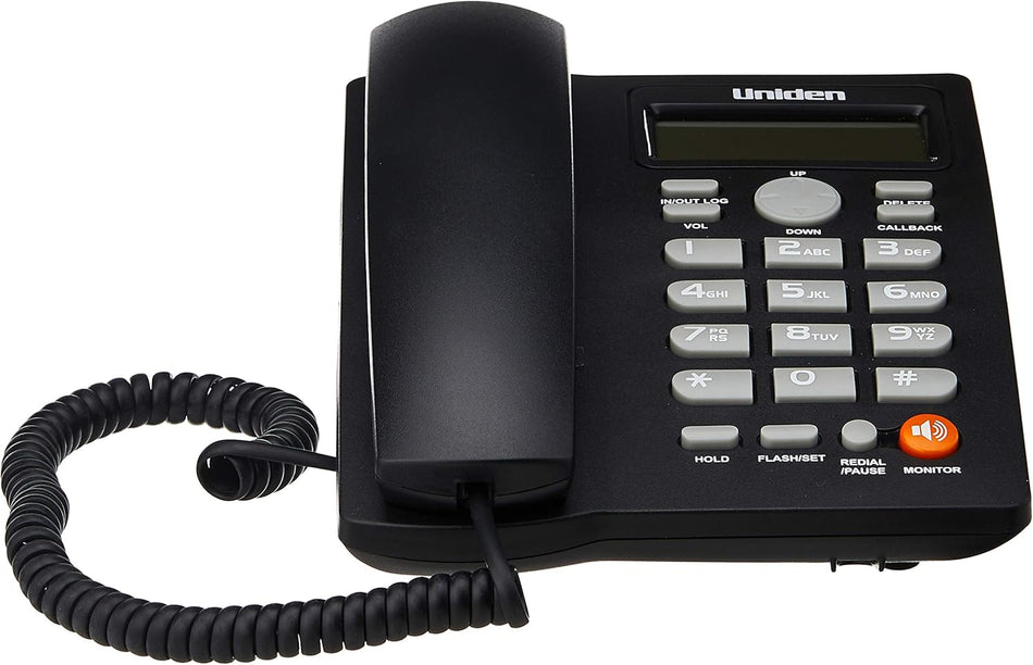 Uniden AS7413 Corded Landline Phone with Large Display, One-Way Speakerphone Monitor, FSK/DTMF Caller ID, Battery-Free Operation (Black)