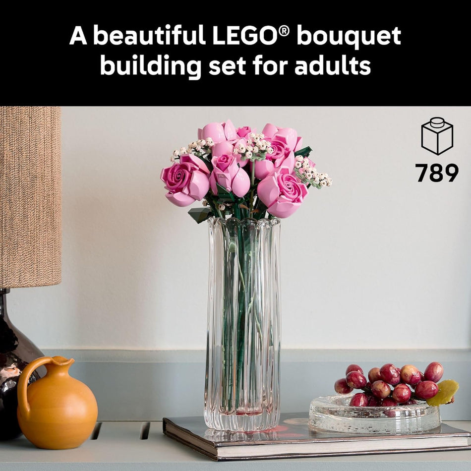 LEGO Botanicals Bouquet of Pink Roses Artificial Flowers - Building Blocks for Adults, Ages 18+ - Gifts for Birthdays for Her - Flowers for Home Office, Shelf or Room Decor - 10374 (789 Pieces)